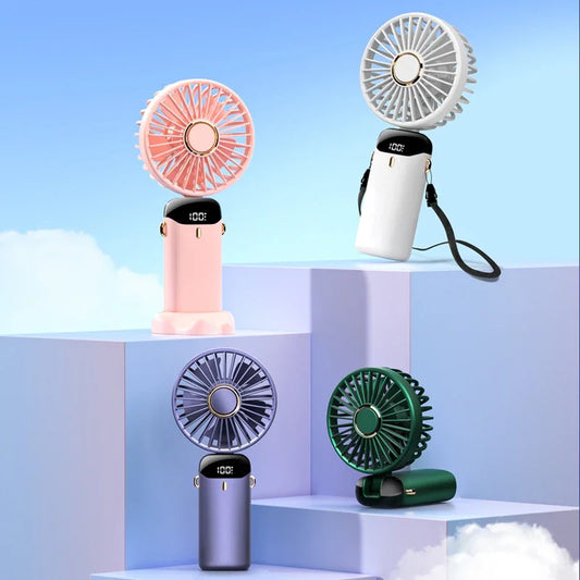 Foldable Mini Fan – 3000mAh USB Rechargeable | 5-Speed Handheld, Desk, Neck Hanging with Display & Phone Stand