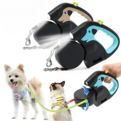 Retractable Double Dog Leash – 360° Swivel No-Tangle Leash with LED Flashlight & Poop Bag Holder