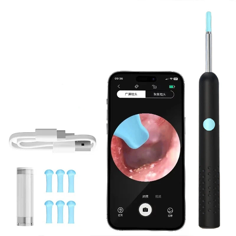 1-9 pezzi/set pulitore auricolare visivo con telecamera, bastoncini auricolari, ricarica USB, strumento per la rimozione del cerume, connessione Wi-Fi, 6 luci LED, strumento per la pulizia dell'orecchio