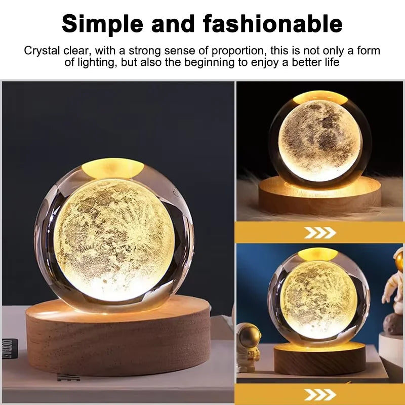 3D Galaxy Crystal Ball Night Light – LED Planet Projection Lamp with Wooden USB Base – Desktop Atmosphere Decor