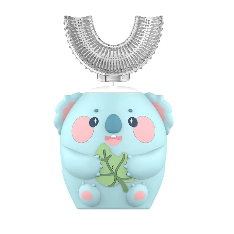 Spazzolino elettrico sonico a 360° a forma di U ricaricabile per bambini, spazzolino automatico in silicone, timer intelligente, luce blu IPX7