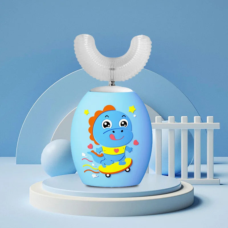 Spazzolino elettrico sonico a 360° a forma di U ricaricabile per bambini, spazzolino automatico in silicone, timer intelligente, luce blu IPX7