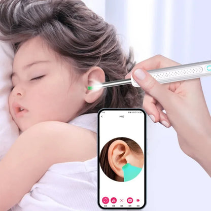 Person using ear cleaning tool on child with smartphone showing ear inspection app. Wireless Visual Ear Cleaner with 1296P Camera, 6 LED Lights, and USB-C Charging for Safe Ear Wax Removal