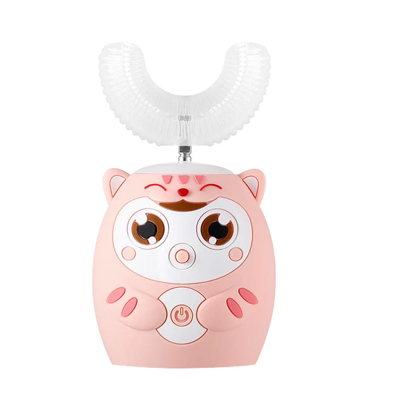 Spazzolino elettrico sonico a 360° a forma di U ricaricabile per bambini, spazzolino automatico in silicone, timer intelligente, luce blu IPX7