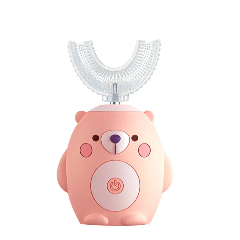 Spazzolino elettrico sonico a 360° a forma di U ricaricabile per bambini, spazzolino automatico in silicone, timer intelligente, luce blu IPX7