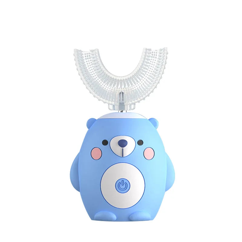 Spazzolino elettrico sonico a 360° a forma di U ricaricabile per bambini, spazzolino automatico in silicone, timer intelligente, luce blu IPX7