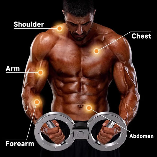 Muscular man with labeled body parts holding dumbbells on a black background. Burn Machine 10lb Arm Rotator with Adjustable Resistance and Non-Slip Handles for Strength and Forearm Training