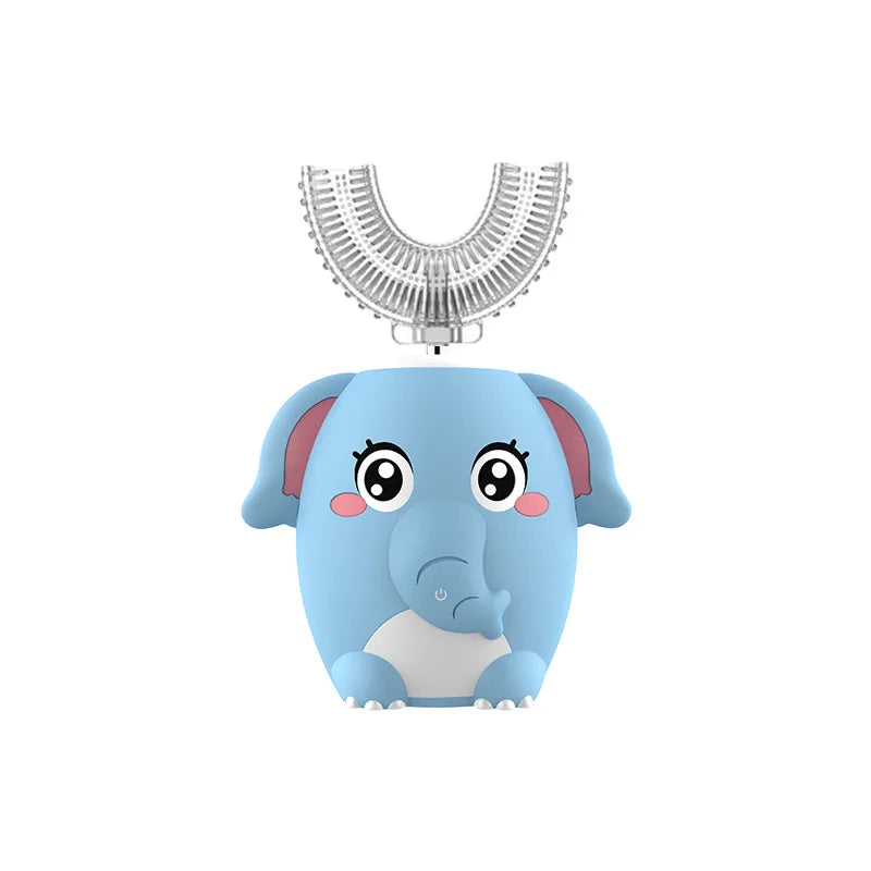 Spazzolino elettrico sonico a 360° a forma di U ricaricabile per bambini, spazzolino automatico in silicone, timer intelligente, luce blu IPX7