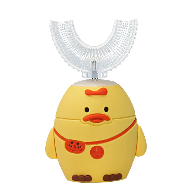 Spazzolino elettrico sonico a 360° a forma di U ricaricabile per bambini, spazzolino automatico in silicone, timer intelligente, luce blu IPX7