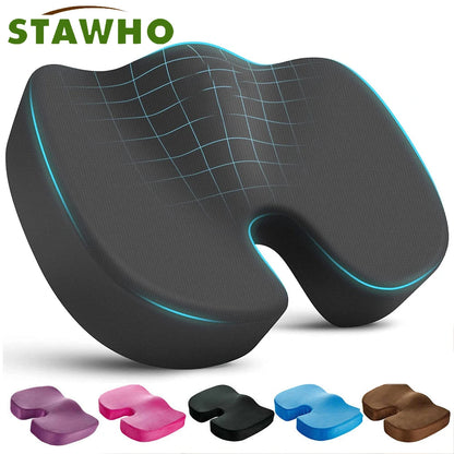 Ergonomic seat cushion with grid pattern and color options displayed below on a white background.  Memory Foam Coccyx Seat Cushion with U-Shaped Cutout for Tailbone and Sciatica Pain Relief - Ergonomic Posture Support for Office Chair
