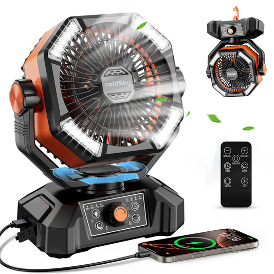 coldSky portable camping fan with 4 LED lantern in use outdoors showing remote control and foldable hook